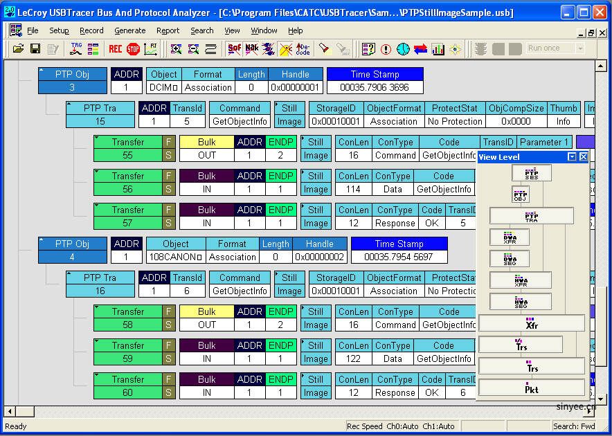 智能显示屏显示 USB 协议的每一层以及设备类解码，例如图片传输协议 (PTP))